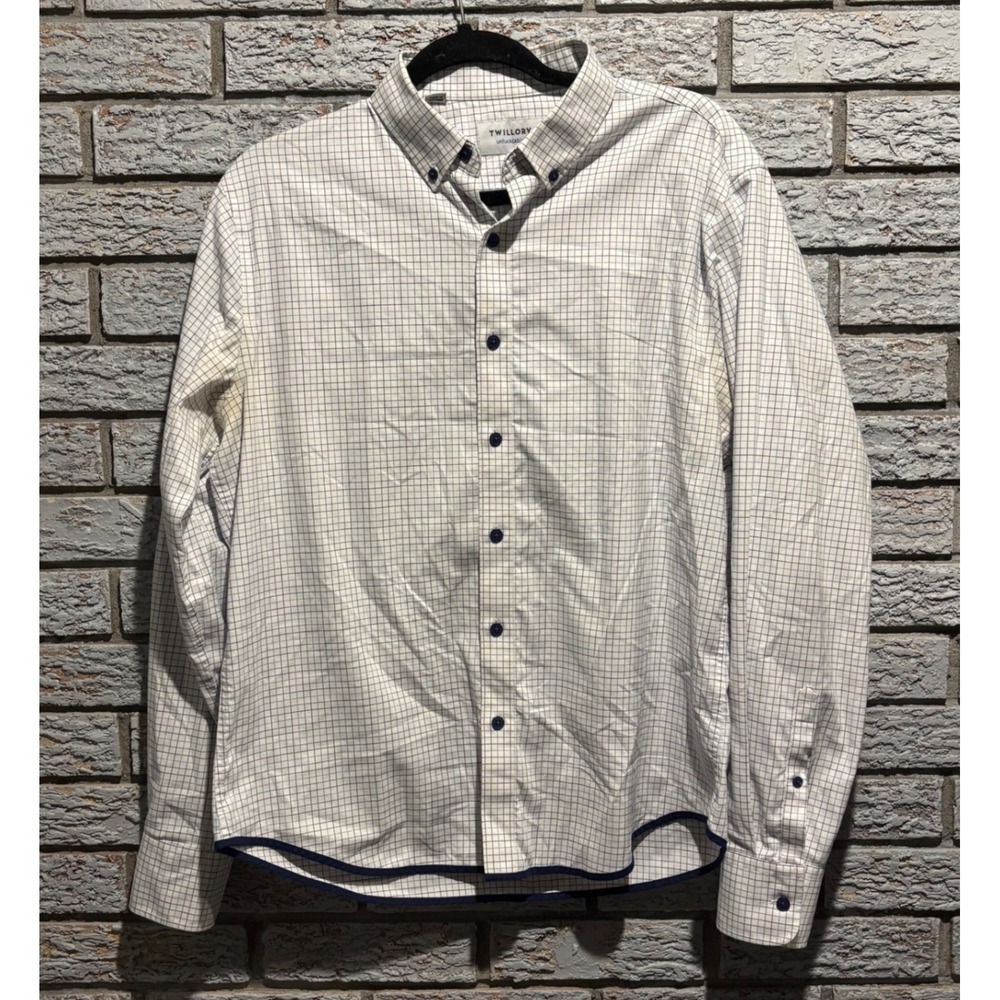 Twillory Untuckable Tailored Fit Shirt Mens M-L White Blue Tattersall Check
